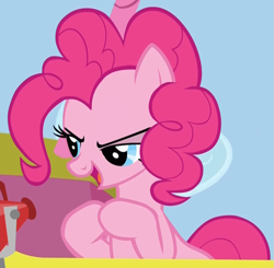 Size: 821x805 | Tagged: safe, screencap, pinkie pie, earth pony, pony, fall weather friends, cropped, exploitable, hot air balloon, megaphone, solo