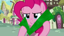 Size: 1280x720 | Tagged: safe, screencap, pinkie pie, earth pony, pony, a friend in deed, check mark, pinkie being pinkie, pinkie physics, solo