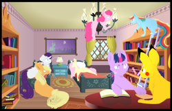 Size: 900x583 | Tagged: safe, artist:ltty-bitty, derpibooru import, applejack, fluttershy, pinkie pie, rainbow dash, rarity, twilight sparkle, cat, pikachu, bed, book, bookshelf, catified, chandelier, crossover, fanart mashup challenge, female, ladder, male, mane six, manehattan, night, pokémon, shelf, species swap, statue of friendship