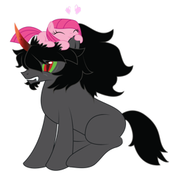 Size: 1024x1026 | Tagged: safe, artist:bigccv, king sombra, pinkie pie, earth pony, pony, unicorn, :>, annoyed, colored horn, curved horn, cute, ear bite, eyes closed, fangs, female, filly, glare, gritted teeth, heart, horn, male, mare, missing accessory, nom, pinkamena diane pie, pony hat, shipping, simple background, sitting, smiling, sombra horn, sombrapie, stallion, straight, transparent background, younger