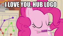 Size: 960x540 | Tagged: safe, pinkie pie, earth pony, pony, female, hub logo, kissing, mare, pink coat, pink mane, text