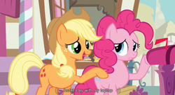 Size: 851x467 | Tagged: safe, screencap, applejack, pinkie pie, earth pony, pony, wonderbolts academy, youtube caption