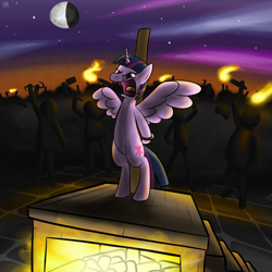 Size: 1500x1500 | Tagged: safe, artist:reakkorshrike, derpibooru import, twilight sparkle, twilight sparkle (alicorn), alicorn, pony, alicorn drama, angry mob, bipedal, burning at the stake, execution, female, fire, glare, mare, moon, open mouth, spread wings, stake, torch