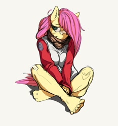 Size: 1280x1374 | Tagged: safe, artist:zonkpunch, fluttershy, anthro, plantigrade anthro, bandage, bandaid, barefoot, bottomless, clothes, feet, frown, jacket, scarf, sitting, solo