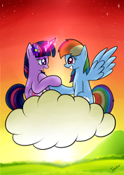 Size: 2480x3507 | Tagged: safe, artist:twidasher, derpibooru import, rainbow dash, twilight sparkle, pegasus, pony, cloud, female, flower, flower in hair, holding hooves, lesbian, looking at each other, shipping, sunset, twidash