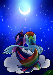 Size: 2480x3507 | Tagged: safe, artist:twidasher, derpibooru import, rainbow dash, twilight sparkle, pegasus, pony, cloud, female, hug, intertwined tails, lesbian, moon, night, shipping, starry night, twidash, winghug