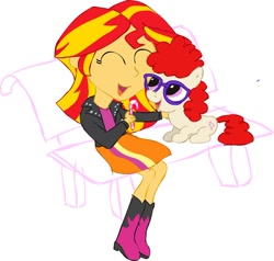 Size: 832x793 | Tagged: safe, artist:newportmuse, sunset shimmer, twist, equestria girls, bench, candy, cute, filly, shimmerbetes, sitting, smiling, twistabetes