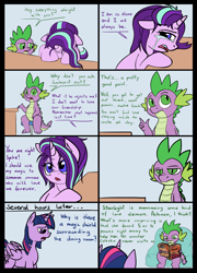 Size: 4878x6765 | Tagged: safe, artist:duop-qoub, spike, starlight glimmer, twilight sparkle, twilight sparkle (alicorn), alicorn, dragon, pony, unicorn, absurd resolution, comic, crying, dialogue, forever alone, implied anon, magic, meme, messy mane, spike is not amused, this will end in snuggles, this will end in tears, unamused