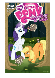 Size: 793x1122 | Tagged: safe, artist:katiecandraw, idw, applejack, rarity, earth pony, pony, spider, unicorn, comic, cover, issue 2, official, official comic