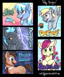 Size: 600x722 | Tagged: safe, artist:helicityponi, cloudchaser, derpy hooves, doctor whooves, roseluck, thunderlane, pegasus, pony, female, flower, lightning, mare, muffin, necktie, rose, traditional art