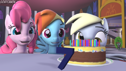 Size: 3840x2160 | Tagged: safe, artist:goatcanon, derpibooru import, derpy hooves, pinkie pie, rainbow dash, oc, oc:littlepip, earth pony, pegasus, pony, unicorn, fallout equestria, 3d, cake, clothes, crossover, fallout, fanfic, fanfic art, female, food, happy birthday mlp:fim, hooves, horn, mare, mlp fim's seventh anniversary, open mouth, pipbuck, portal, rick and morty, smiling, source filmmaker, teeth, vault suit, wings