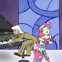 Size: 800x800 | Tagged: safe, artist:ichibangravity, frederic horseshoepin, pinkie pie, the best night ever, butt bump, butt to butt, butt touch, clothes, dress, gala dress, humanized, piano, scene interpretation