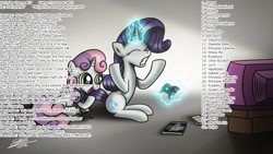 Size: 1191x670 | Tagged: safe, rarity, sweetie belle, pony, unicorn, birthday game, controller, duo, exploitable meme, eyes closed, levitation, magic, meme, open mouth, raised hoof, sitting, smiling, telekinesis, television, video game