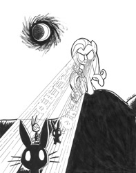 Size: 731x929 | Tagged: safe, artist:abronyaccount, angel bunny, fluttershy, pegasus, pony, rabbit, eye beams, grayscale, lasershy, moon, the stare