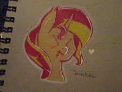 Size: 4608x3456 | Tagged: safe, artist:jessakitten, sunset shimmer, pony, unicorn, ><, cute, eyes closed, silly, silly face, silly pony, solo, traditional art, xd