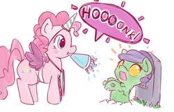 Size: 600x386 | Tagged: dead source, safe, artist:pinkieinprivate, pinkie pie, earth pony, pony, zombie, grave, gravestone, hat, party hat