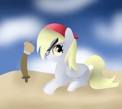 Size: 945x846 | Tagged: safe, artist:princesswoona1, derpy hooves, pegasus, pony, bandana, eyepatch, female, mare, muffin, pirate, pirate derpy, sword