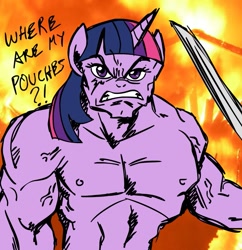 Size: 945x976 | Tagged: safe, artist:megasweet, derpibooru import, twilight sparkle, anthro, manly, muscles, rob liefeld, sword, twilight muscle