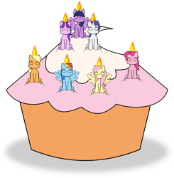 Size: 1689x1726 | Tagged: safe, artist:planetkiller, derpibooru exclusive, derpibooru import, applejack, fluttershy, pinkie pie, rainbow dash, rarity, starlight glimmer, twilight sparkle, twilight sparkle (alicorn), alicorn, earth pony, pegasus, pony, unicorn, alternate hairstyle, birthday candles, candle, cupcake, food, happy birthday mlp:fim, mlp fim's seventh anniversary, simple background, sitting, transparent background