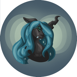 Size: 626x626 | Tagged: safe, artist:bunny-master, queen chrysalis, changeling, changeling queen, bubble, bust, fangs, hair over one eye, lidded eyes, solo