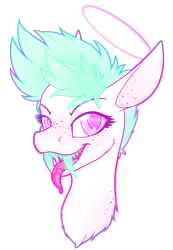 Size: 1456x2105 | Tagged: safe, artist:mynder, derpibooru import, oc, oc only, oc:passel, pony, bust, cheek fluff, eyebrows, eyelashes, fangs, freckles, halo, lidded eyes, long tongue, looking at you, open mouth, portrait, simple background, smiling, solo, tongue out, transparent background