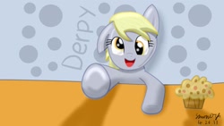 Size: 1191x670 | Tagged: safe, artist:simonorj, derpy hooves, pegasus, pony, female, fourth wall, mare, muffin, reaching, solo, wallpaper