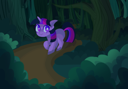 Size: 1500x1050 | Tagged: safe, artist:tearzah, derpibooru import, twilight sparkle, pony, unicorn, everfree forest, female, forest, mare, nervous, outdoors, raised hoof, scared, solo