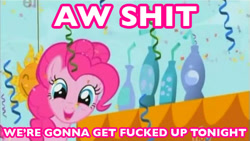 Size: 470x266 | Tagged: safe, edit, edited screencap, screencap, pinkie pie, earth pony, pony, the ticket master, artifact, ei, hub logo, image macro, solo, vulgar