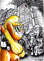 Size: 3512x4880 | Tagged: safe, artist:smellslikebeer, applejack, oc, earth pony, pony, black and white, crosshatch, crowd, filly, fire, grayscale, ink, looking up, manehattan, monochrome, partial color, sad, traditional art, younger