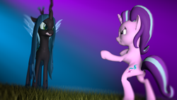 Size: 1920x1080 | Tagged: safe, artist:szczerbix, queen chrysalis, starlight glimmer, changeling, changeling queen, pony, 3d, fight, source filmmaker