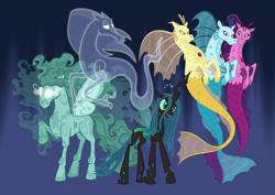 Size: 3457x2452 | Tagged: safe, artist:andoanimalia, artist:parclytaxel, artist:reginault, artist:suramii, idw, adagio dazzle, aria blaze, queen chrysalis, rabia, sonata dusk, changeling, changeling queen, siren, umbrum, windigo, antagonist, blank eyes, blue background, female, glowing eyes, idw showified, open mouth, raised hoof, simple background, the dazzlings