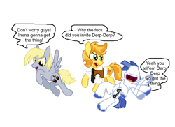 Size: 1024x744 | Tagged: safe, artist:fargosis16, braeburn, derpy hooves, oc, pegasus, pony, crossover, female, mare, moon moon, ponified, speech bubble, tunnels, vulgar