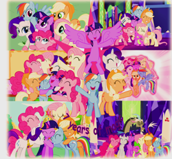 Size: 1218x1127 | Tagged: safe, anonymous artist, derpibooru import, applejack, discord, fluttershy, pinkie pie, rainbow dash, rarity, spike, twilight sparkle, twilight sparkle (alicorn), alicorn, dragon, earth pony, pegasus, pony, unicorn, happy birthday mlp:fim, mane seven, mane six, mlp fim's seventh anniversary