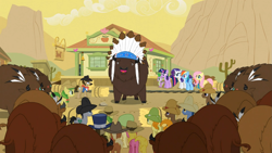 Size: 1365x768 | Tagged: safe, derpibooru import, screencap, apple fritter, applejack, blues, carrot top, cherry berry, chief thunderhooves, coco crusoe, doctor whooves, fluttershy, golden harvest, lucky clover, meadow song, noteworthy, pinkie pie, rainbow dash, rarity, sheriff silverstar, spike, twilight sparkle, buffalo, dragon, earth pony, pegasus, pony, unicorn, over a barrel, apple family member, mane six