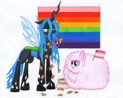 Size: 925x735 | Tagged: safe, artist:ashleyfableblack, queen chrysalis, oc, oc:fluffle puff, changeling, changeling queen, canon x oc, chrysipuff, female, flag, gay pride, gay pride flag, headcanon, labrys, labrys flag, lesbian, lesbian empire flag, lesbian pride flag, lgbt, lgbt headcanon, mouth hold, pride, pride flag, pride month, rainbow, sexuality headcanon, shipping, sticker