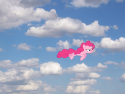 Size: 2304x1728 | Tagged: safe, pinkie pie, earth pony, pony, female, flying, mare, pink coat, pink mane, ponies in real life, sky