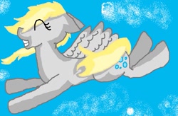 Size: 741x485 | Tagged: safe, artist:sippysippyomg, derpy hooves, pegasus, pony, female, flying, happy, mare, sky, solo