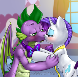 Size: 1000x987 | Tagged: safe, artist:pia-sama, rarity, spike, dragon, pony, unicorn, blushing, bowtie, dragon on pony action, imminent kissing, interspecies, kissing, older, ribbon, shipping, sparity, winged spike