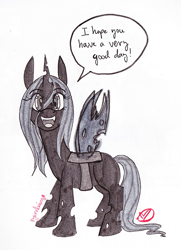 Size: 580x800 | Tagged: safe, artist:ryuredwings, queen chrysalis, changeling, changeling queen, nymph, cute, cutealis, dialogue, female, filly, filly queen chrysalis, looking at you, positive message, signature, simple background, solo, white background, younger