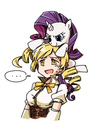 Size: 586x785 | Tagged: safe, artist:hobbang, rarity, human, pony, unicorn, ..., colored pupils, crossover, drill hair, duo, female, mami tomoe, mare, pixiv, pony hat, puella magi madoka magica, simple background, white background