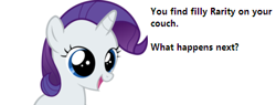 Size: 394x150 | Tagged: safe, rarity, pony, unicorn, bronybait, cute, filly, question, solo, text