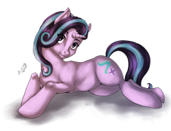 Size: 1000x768 | Tagged: safe, artist:dslycaon, starlight glimmer, pony, unicorn, prone, simple background, solo