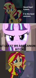 Size: 572x1236 | Tagged: safe, starlight glimmer, sunset shimmer, pony, unicorn, canon bitch, comparison, drama, drama bait, op is a cuck, op is trying to start shit, op started shit, starlight drama, sunsad shimmer, sunset vs starlight debate, vulgar