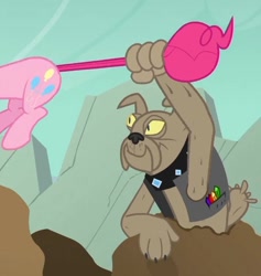 Size: 682x719 | Tagged: safe, screencap, pinkie pie, spot, diamond dog, earth pony, pony, a dog and pony show, cropped, out of context, tail pull