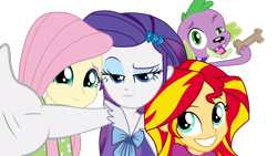 Size: 1366x768 | Tagged: safe, artist:luchita27, fluttershy, rarity, spike, sunset shimmer, dog, equestria girls, rainbow rocks, clothes, dog treat, group shot, meme, open mouth, pajamas, photobomb, raised eyebrow, selfie, simple background, smiling, spike the dog, tongue out, transparent background, vector