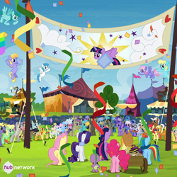 Size: 548x549 | Tagged: safe, derpibooru import, screencap, amethyst star, apple bumpkin, apple cobbler, apple fritter, applejack, candy mane, coco crusoe, cranky doodle donkey, discord, doctor whooves, fluttershy, lightning bolt, linky, lyra heartstrings, minuette, mochaccino, mr. waddle, neon lights, pinkie pie, pokey pierce, ponet, rainbow dash, rainbowshine, rare find, rarity, rising star, sassaflash, shoeshine, sparkler, spike, star bright, twilight sparkle, twilight sparkle (alicorn), white lightning, alicorn, donkey, dragon, earth pony, pegasus, pony, unicorn, trade ya, apple family member, banner, female, mane six, mare, new crown, official, rainbow falls traders exchange, the hub