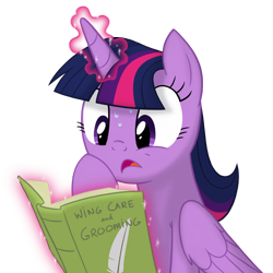 Size: 1012x1012 | Tagged: safe, artist:equestria-prevails, derpibooru import, twilight sparkle, twilight sparkle (alicorn), alicorn, pony, adorkable, book, cute, dork, female, magic, mare, preening, simple background, solo, sweat, transparent background