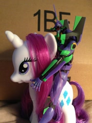 Size: 960x1280 | Tagged: safe, rarity, eva-01, fashion style, irl, neon genesis evangelion, photo, riding, toy, toy pony cavalry