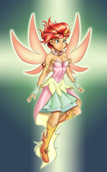 Size: 2255x3606 | Tagged: safe, artist:nauth, sunset shimmer, equestria girls, friendship games, artificial wings, augmented, cleavage, clothes, colored, daydream shimmer, dress, female, fingerless gloves, gloves, horn, magic, magic wings, skirt, solo, wings