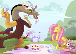 Size: 3507x2480 | Tagged: safe, artist:sketchprinterdemon, angel bunny, discord, fluttershy, pegasus, pony, discoshy, female, male, picnic, shipping, straight, tea, tea party, teapot